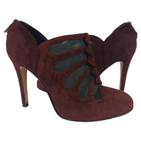 Sarah Flint Burgundy Blake Ankle Boots Suede Booties Mesh Cutouts Pumps Heels - Picture 1 of 15